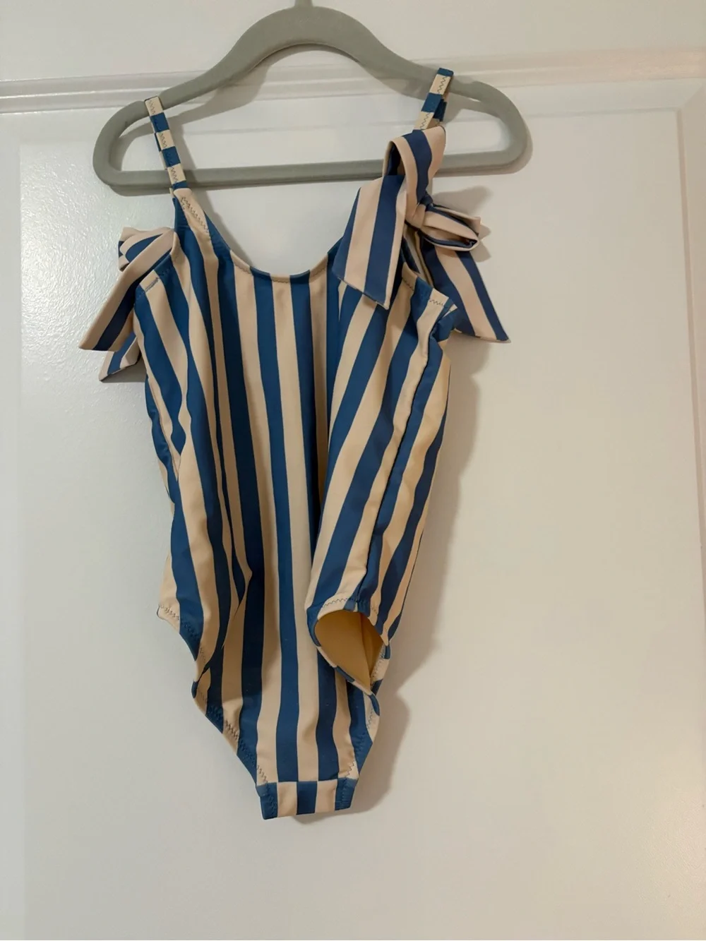 Pink Chicken Blue and Cream Striped Girls Swim Bodysuit with Shoulder Ties
